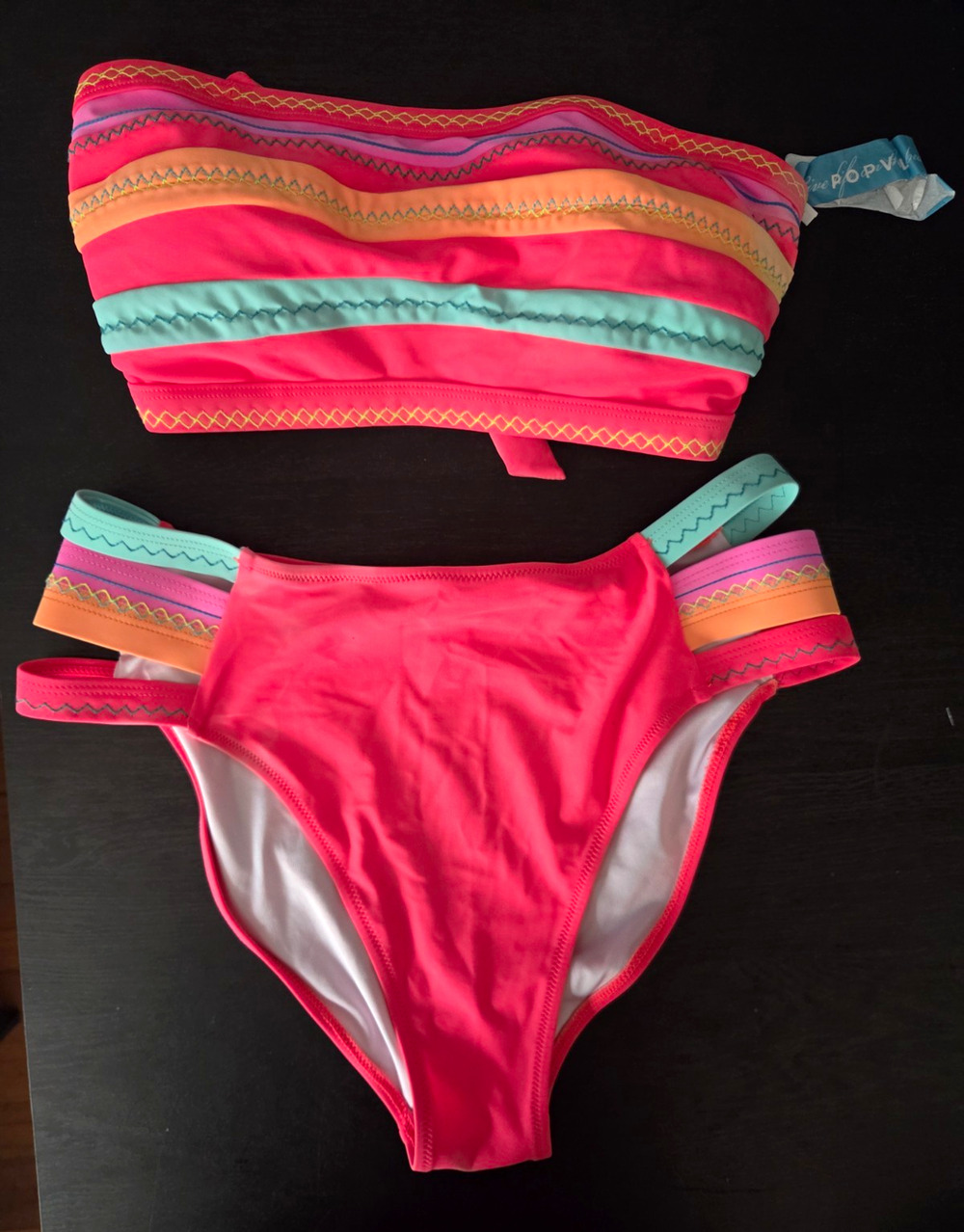 POPVIL Women’s L 2-Piece Bikini Pink Striped Bandeau Lined Vacation Resort Wear